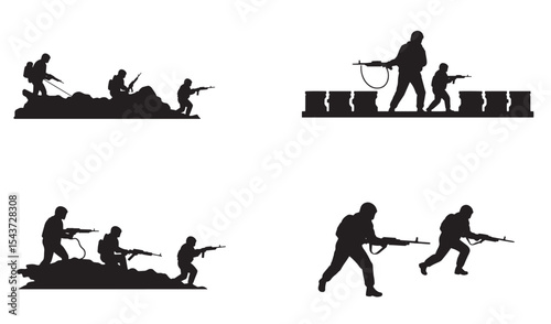 Silhouette illustrations of soldiers in action depicting warfare and military combat situations