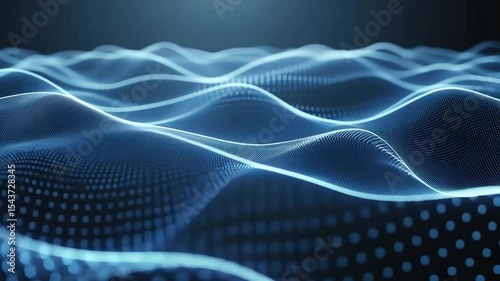 Digital Waveform Visualization of Abstract Data Flows in Blue Hues with Moving Light Effects