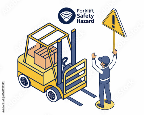 Isometric cartoon showing an overloaded forklift tipping while a nearby worker reacts in shock during unsafe material handling.