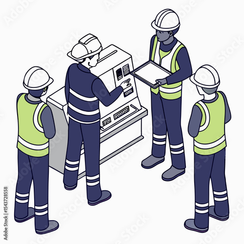 Isometric illustration of engineer and technician learning to operate a heavy-duty metal lathe machine under expert supervision.