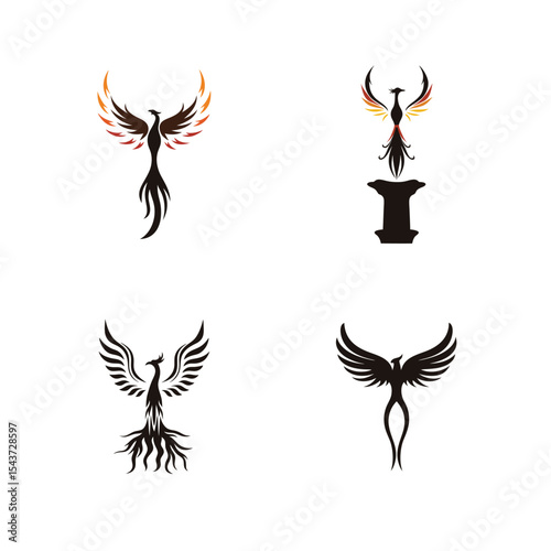 Stylish phoenix bird logo icon set featuring modern vector design abstract flame wings rebirth illustration emblem mark for branding creative identity projects

