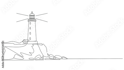 Single line drawing lighthouse on a cliff
