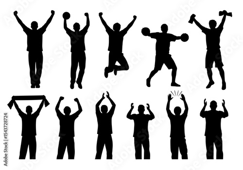 Vector silhouettes of excited sports fans celebrating victory isolated on white background