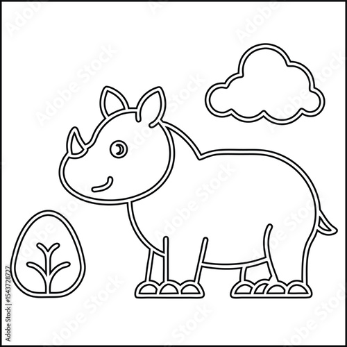 Cartoon rhino with parrot trees and clouds illustration