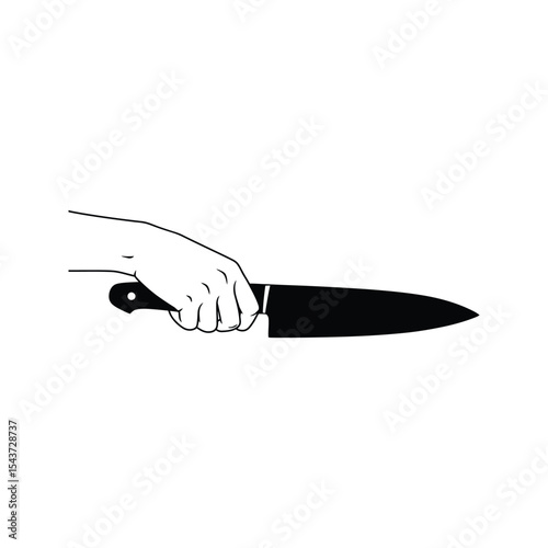 Hand holding chef knife cooking kitchen utensil food preparation black and white vector illustration