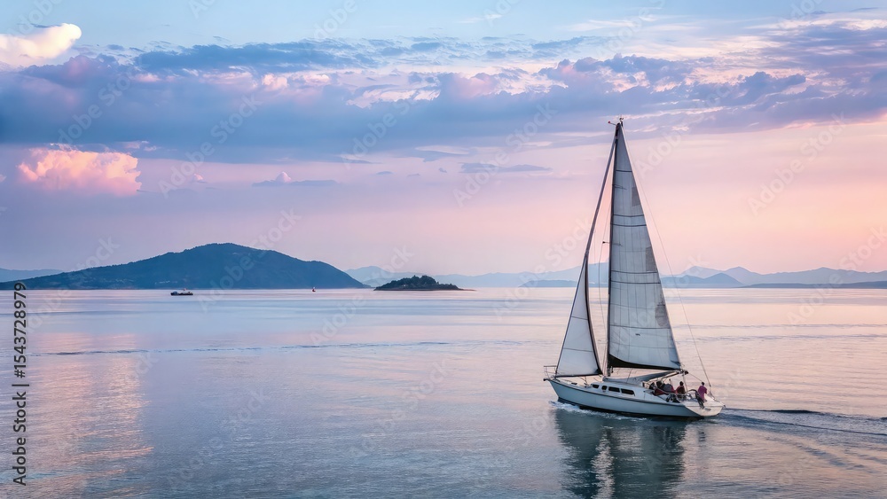 Fototapeta premium Sailboat at sunset on calm ocean waters