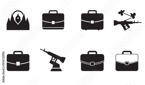 Simple black and white illustrations depicting briefcases and weapons with abstract concepts