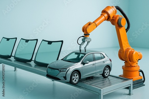 Robotic Arm in Action Assembling Windshields Enhancing Efficiency in the Automotive Industry