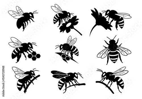 Vector collection of nine bee silhouettes in various poses isolated on white background