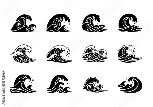 Vector isolated black silhouettes of various stylized ocean waves on white background