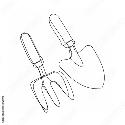 Single Line Drawing Gardening Trowel and Hand Rake