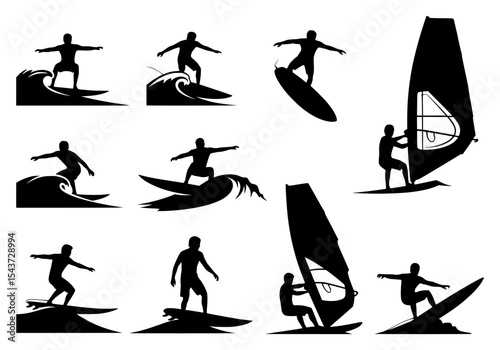 Vector silhouettes of surfers and windsurfers riding waves isolated on white background