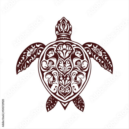 An elegant print featuring a minimalist black and white vector silhouette turtle, styled like a traditional tattoo. The design incorporates vibrant colors and complex ornamental details