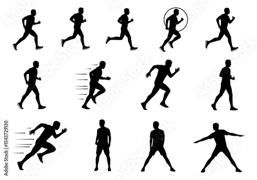 Vector various running man silhouettes isolated on white background