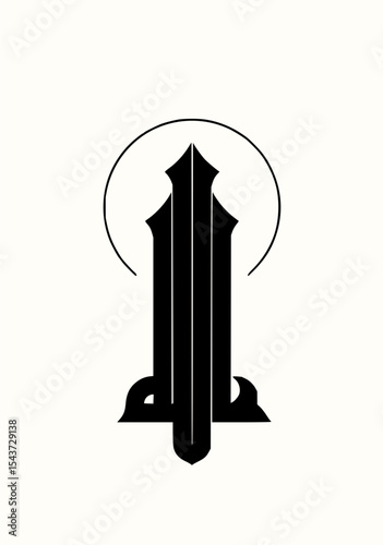 Minimilist black gothic style symbol with a halo above it on a white background in a minimalist graphic design vector