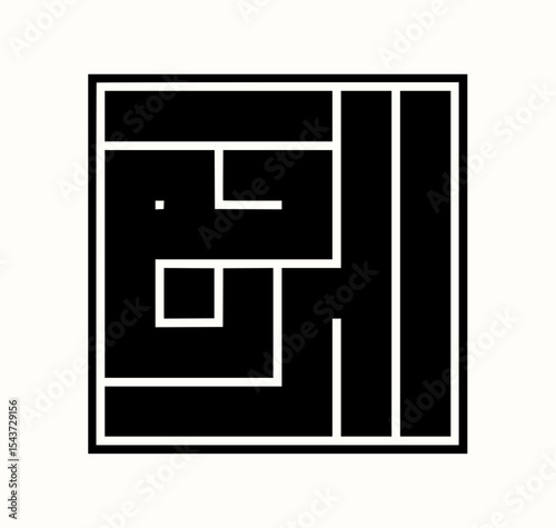Minimilist abstract square design featuring a black background with white lines forming a maze like structure vector