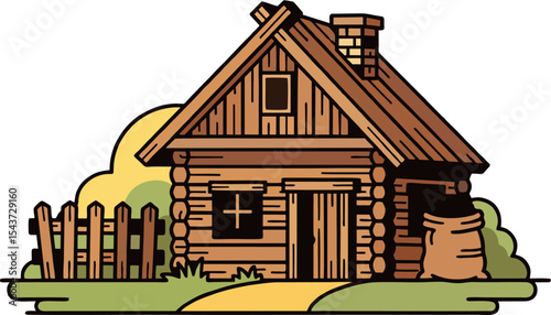 Rustic Wooden Farmhouse with Fence and Hay Bag – Countryside Cottage Illustration