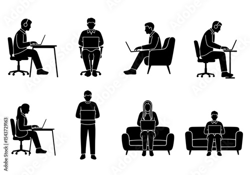 Vector people working on laptops in various positions, isolated on white background