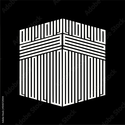 Minimilist abstract depiction of a cube with white vertical and horizontal lines on a black background forming patterns vector