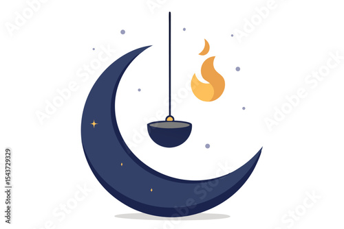 Enchanting Crescent Moon Illustration with Caldron and Flame - Celestial Vector Art