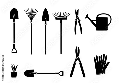 Vector gardening tools and plants isolated on white background