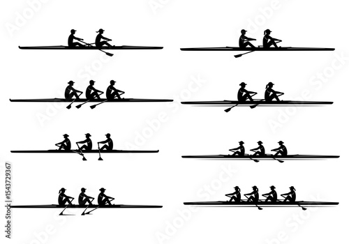 Vector various rowing teams in silhouette isolated on white background