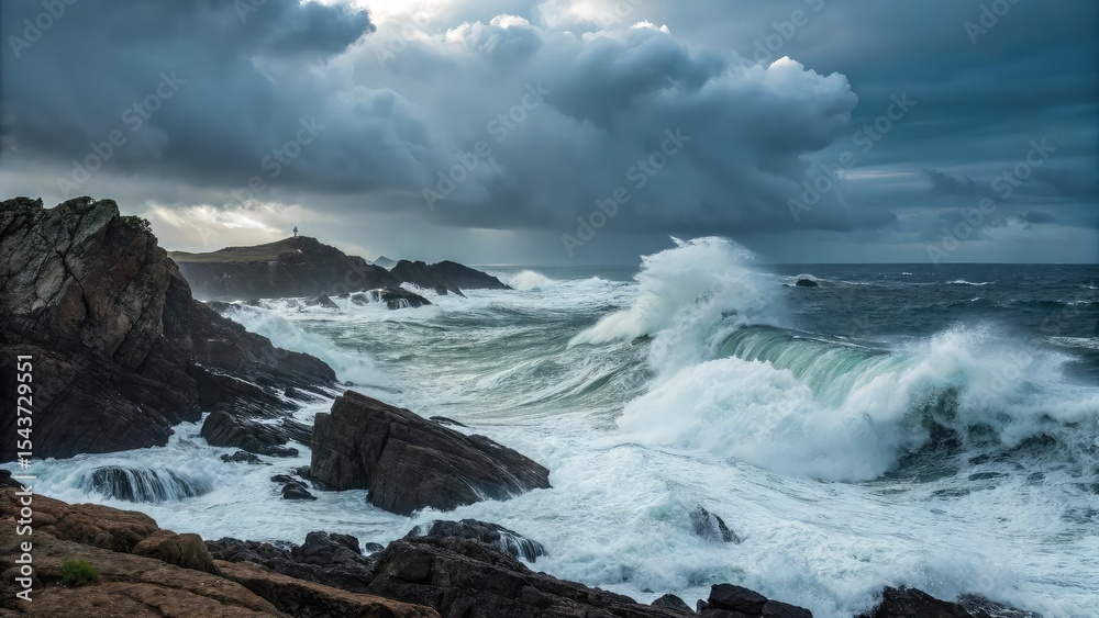 Fototapeta premium Dramatic ocean waves crashing against rugged coastline