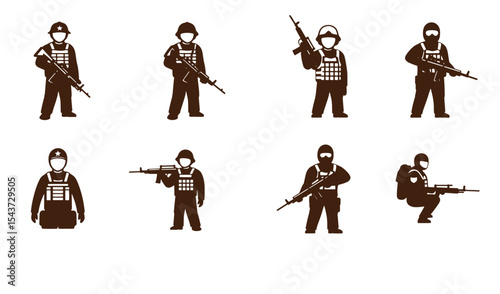 Vector illustration of military soldiers in different poses armed with rifles
