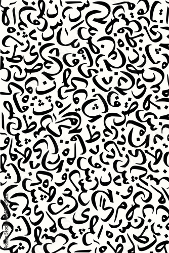 Minimilist chaotic arrangement of black arabic calligraphy on a white background creating a dense visual pattern vector