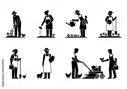 Vector silhouettes of farmers working in the field isolated on white background