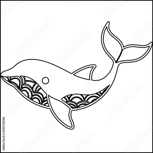Detailed line art drawing of a whale