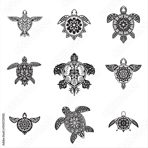 set of decorative Mandala sea turtle