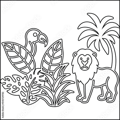 Tropical jungle scene background with lion