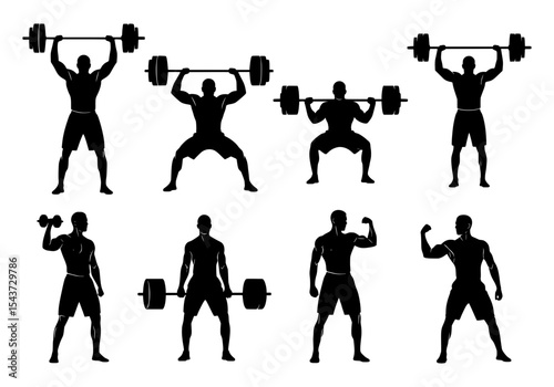 Vector silhouettes of men weightlifting and bodybuilding isolated on white background