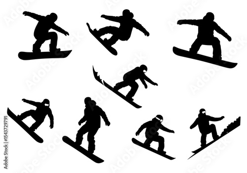 Vector collection of snowboarder silhouettes isolated on white background