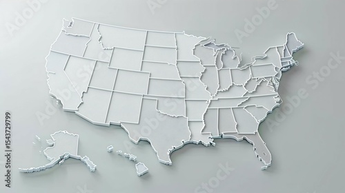 3D representation of the United States map with clearly defined state boundaries, angled to the right on a clean white background. Detailed, modern geographic concept ideal for design, education