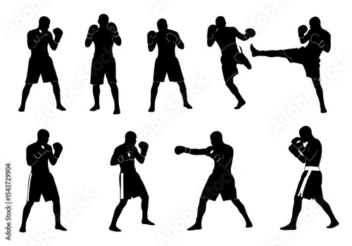 Vector silhouettes of boxers in various fighting poses isolated on white background