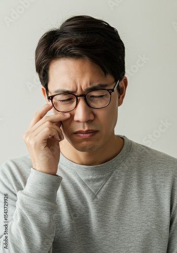 young asian man in glasses rubbing his eyes. concept of fatigue against neutral background. health, stress, lifestyle, awareness. national eye exam month