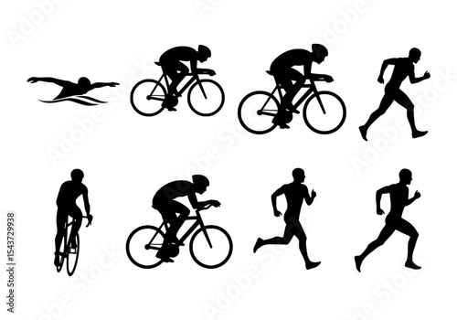 Vector silhouettes of a triathlon athlete swimming cycling and running isolated on white background