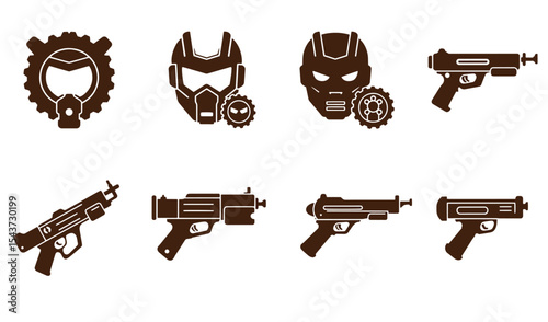 Vector illustration of various futuristic weapons and cyberpunk style helmets design elements