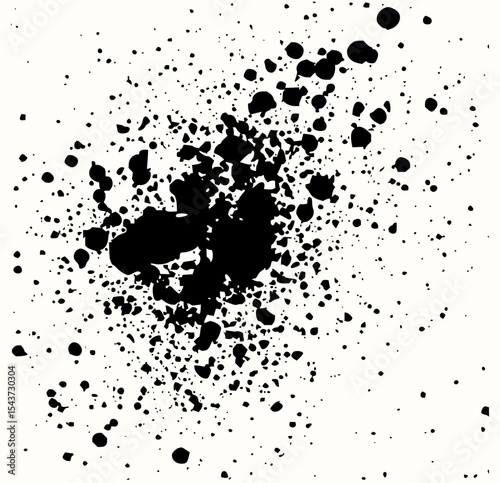 Minimilist illustration of a splatter pattern with black ink spots scattered across a white background creating an effect vector