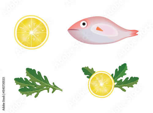 Set of dorado fish, lemons and arugula isolated on white background. Elements for seafood restaurant.