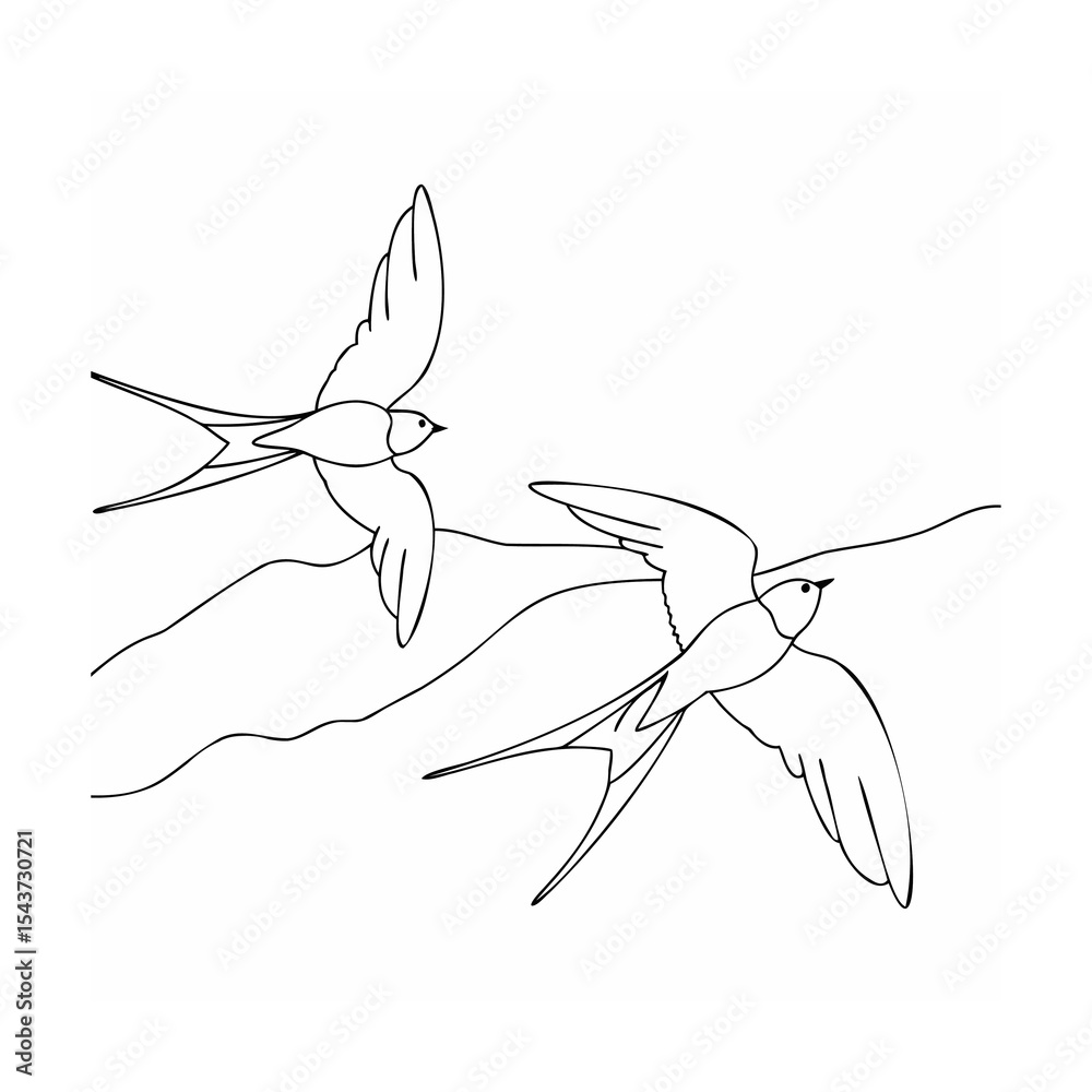 Obraz premium Two Swallows in Flight Line Art Black and White Minimalist Bird Drawing