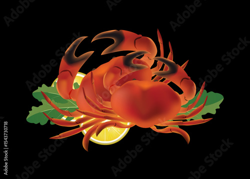 Red crabs, arugula and lemons isolated on black background. Composition for seafood restaurant