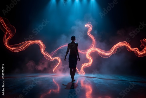 A lone dancer surrounded by swirling abstract ribbons of glowing color in a dark studio.
