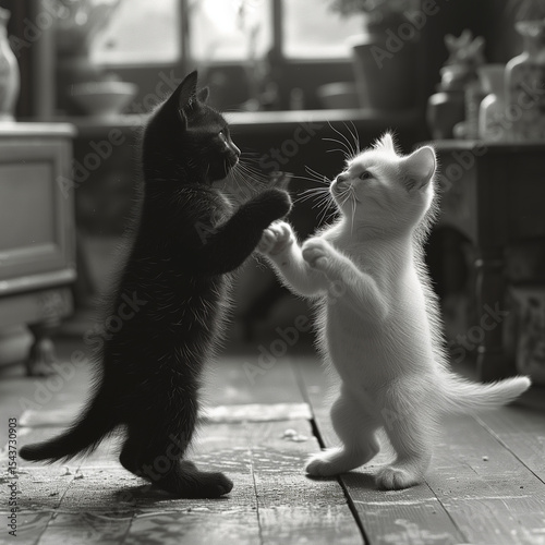 A blackandwhite image of two small black kittens in a playful gesture