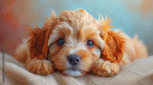 Fawn toy dog with liver snout in Sporting Group, gazing at camera on blanket