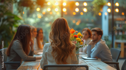 Conference on a new line of cosmetics, with beautiful bouquets of flowers on the table