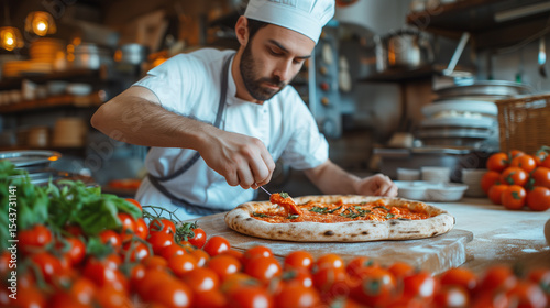 The chef prepares delicious, juicy, fragrant pizza