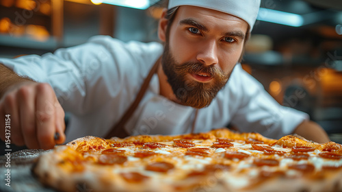 The chef prepares delicious, juicy, fragrant pizza
